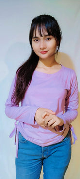 DRAWSTRING RUCHED SOLID FULL SLEEVE TEE-LILAC